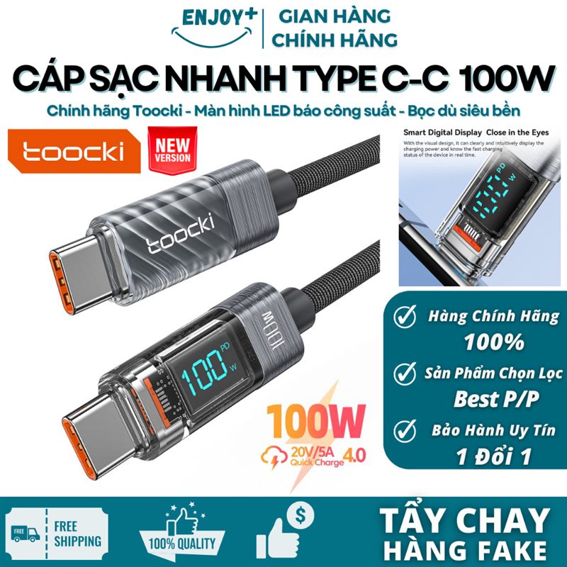 Cáp sạc nhanh C to C Toocki PD 100W, LED đo công suất